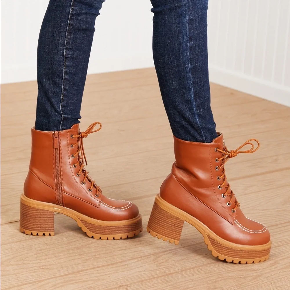Lace Up Tan Platform Fall Boots - Picture 5 of 9